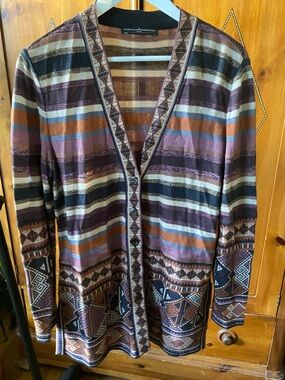 Peruvian Connection Striped Pima Cotton Aztec Cardigan - Brown Rust Blue Cream